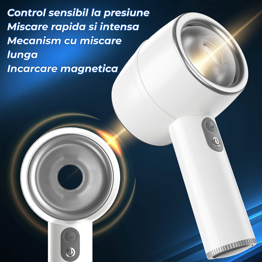 Masturbator automat Obsessia® ThunderPulse, cu miscare telescopica si control sensibil la presiune, 3 trepte de viteza, captuseala din silicon moale, incarcare magnetica, usor de curatat, alb, jucarii sexuale premium