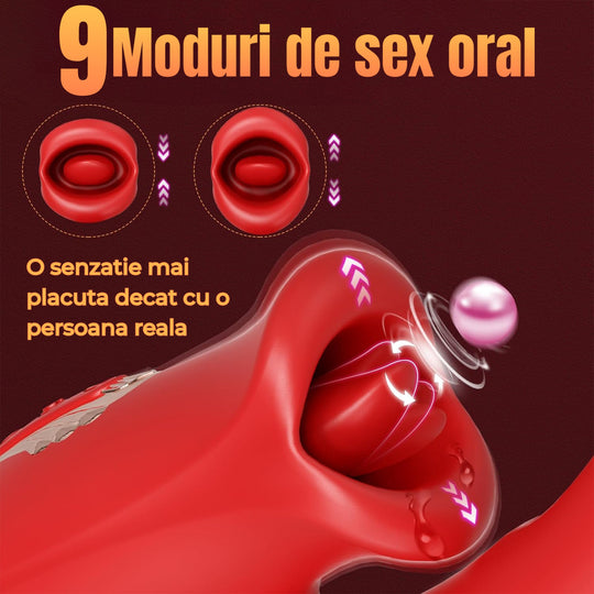 Vibrator inteligent LovePlay™ LickMe, cu limba flexibila si dildo, 9 moduri de lins, vibratie si pulsatie, control prin aplicatie, silicon lichid, rezistent la apa, pentru stimulare clitoridiana, anala si a sfarcurilor - LovePlay