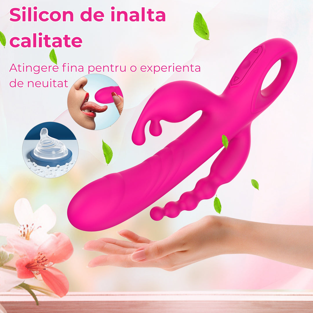 Vibrator triplu LovePlay™ BunnyBurst cu 3 functii diferite si 3 motoare independente, stimulare simultana punct G, A si clitoris, din silicon ultra-moale, flexibil, incarcare USB, design silentios si rezistent la apa - LovePlay