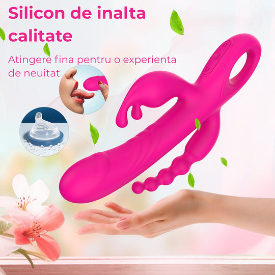 Vibrator triplu LovePlay™ BunnyBurst cu 3 functii diferite si 3 motoare independente, stimulare simultana punct G, A si clitoris, din silicon ultra-moale, flexibil, incarcare USB, design silentios si rezistent la apa - LovePlay