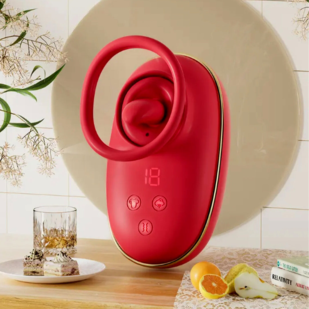 Vibrator LovePlay™ Buzz 3 in 1 cu 9 feluri de vibratie, stimulare orala si suctie, rezistent la apa, din silicon, rosu, reincarcabil magnetic USB, design discret, usor de folosit, 11 x 6 cm, 161 g - LovePlay