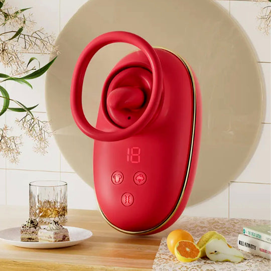 Vibrator LovePlay™ Buzz 3 in 1 cu 9 feluri de vibratie, stimulare orala si suctie, rezistent la apa, din silicon, rosu, reincarcabil magnetic USB, design discret, usor de folosit, 11 x 6 cm, 161 g - LovePlay