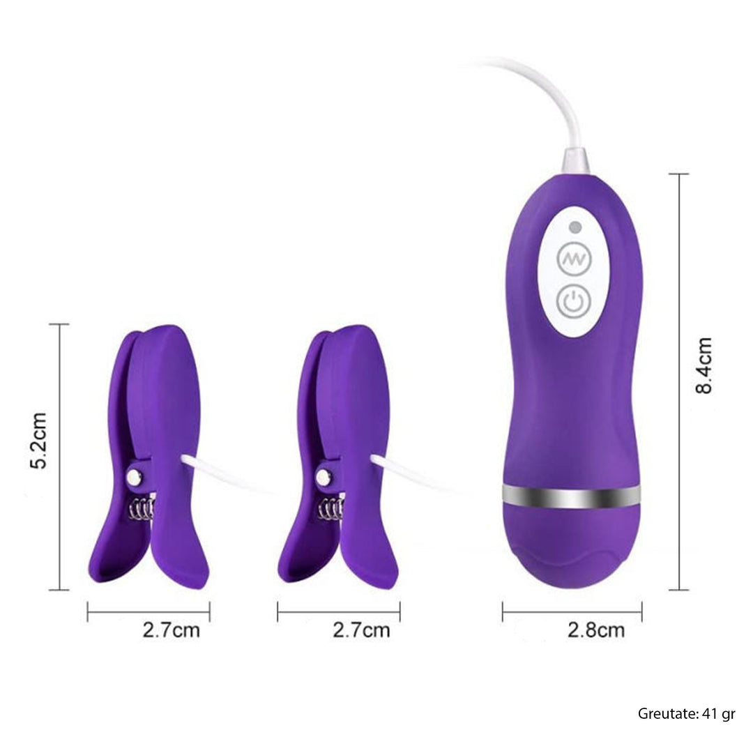 Vibrator LovePlay™ 2 in 1 NippleLove, 10 tipuri diferite de vibratie, cu clips pentru sfarcuri, stimularea clitorisului si a sanilor, silentios, rezistent la apa, control prin telecomanda, din silicon, mov - LovePlay