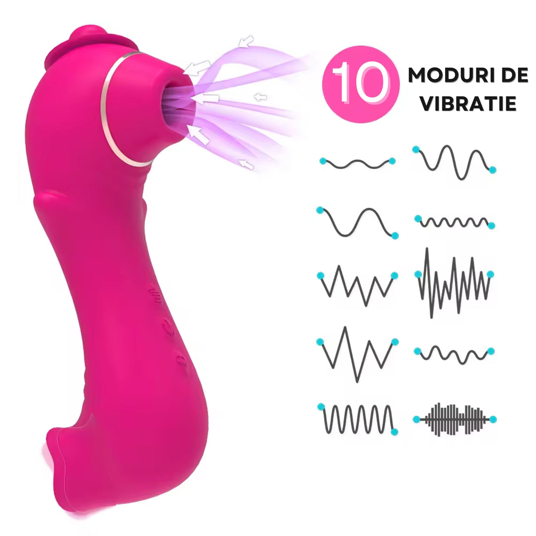 Vibrator 2in1 LovePlay ™ portabil, cu 10 moduri diferite de vibratie, functie de stimulare orala, efect suctie, silentios, din silicon, rezistent la apa, incarcare USB - LovePlay