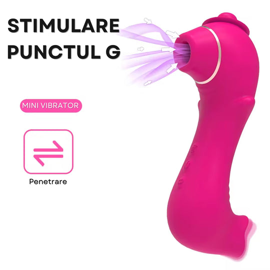 Vibrator 2in1 LovePlay ™ portabil, cu 10 moduri diferite de vibratie, functie de stimulare orala, efect suctie, silentios, din silicon, rezistent la apa, incarcare USB - LovePlay