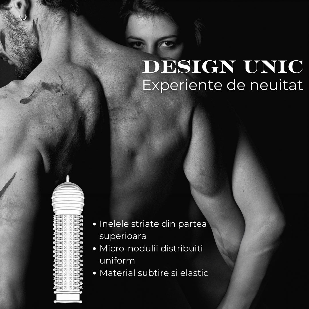 Set de 5 prezervative LovePlay™ BestTime, transparent, cu striatii, din silicon premium, cu efect de extensie, stimulare clitoridiana, usor de transportat si utilizat - LovePlay