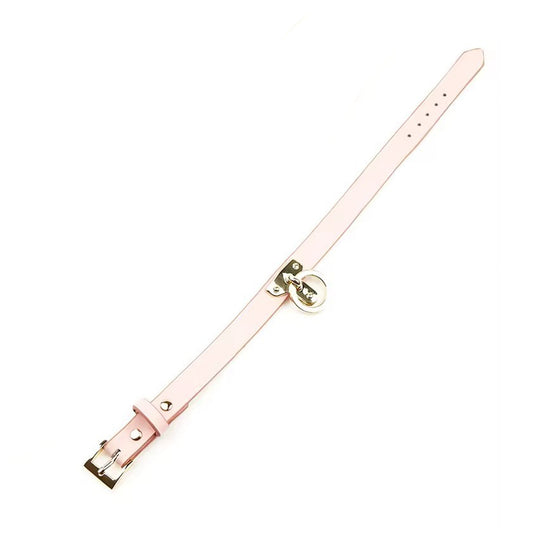 Lesa LovePlay™ GoodGirl din piele naturala, roz, premium, cu lant auriu, BSDM, pentru jocuri de cupluri, zgarda 42 x 1.8 cm, lesa 74.7 cm, 138 g - LovePlay