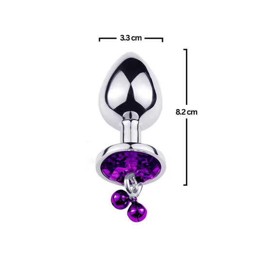 Dop anal Obsessia GoodGirl, cu clopoței și bijuterie mov, oțel inoxidabil, M, 8.2 x 3.3 cm, argintiu