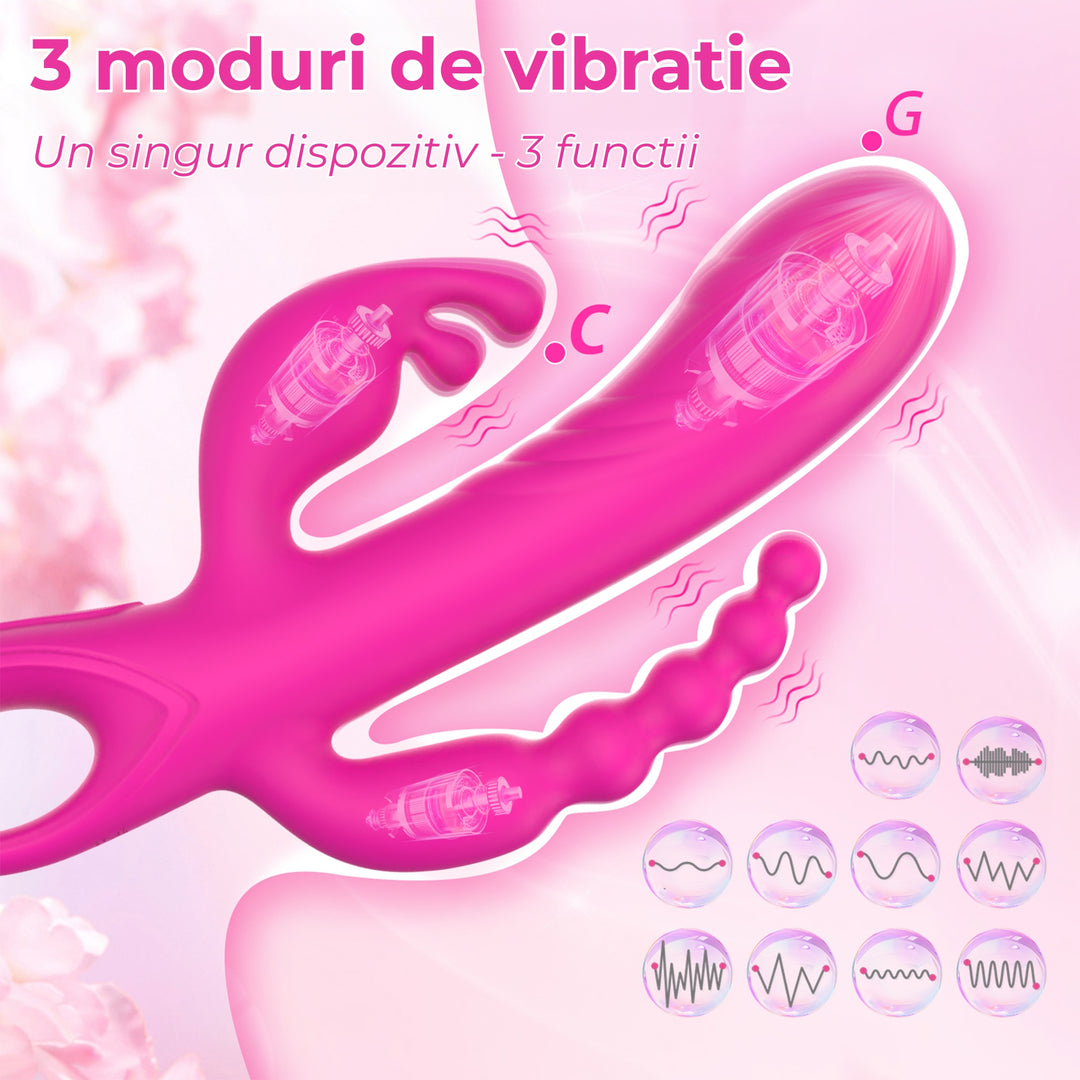 Vibrator triplu LovePlay™ BunnyBurst cu 3 functii diferite si 3 motoare independente, stimulare simultana punct G, A si clitoris, din silicon ultra-moale, flexibil, incarcare USB, design silentios si rezistent la apa - LovePlay