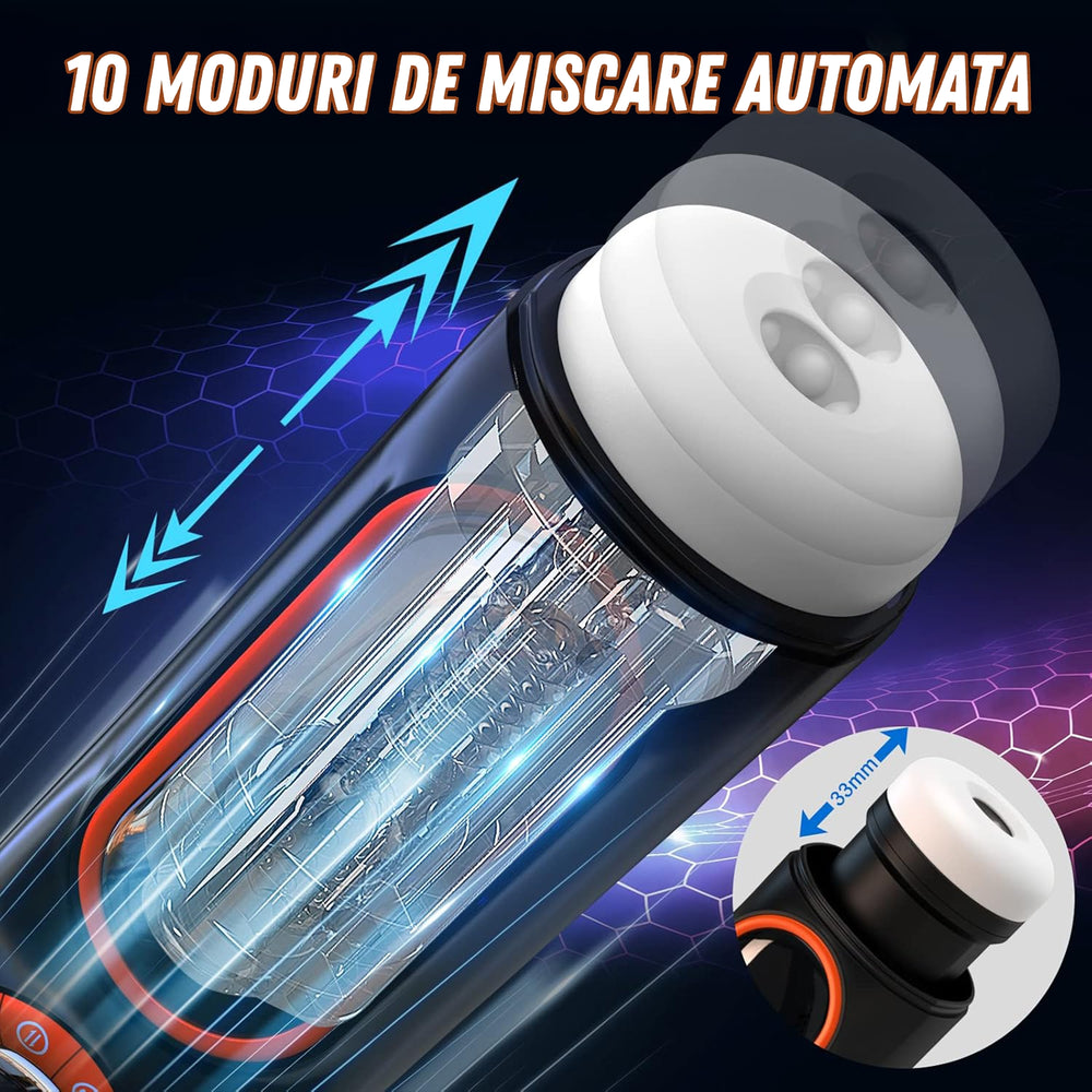 Masturbator automat Obsessia® AirVoyager Pro, cu suctie si miscare telescopica, 10 moduri thrusting, 10 moduri vibratie, control hands-free, silicon medical, jucarii sexuale premium