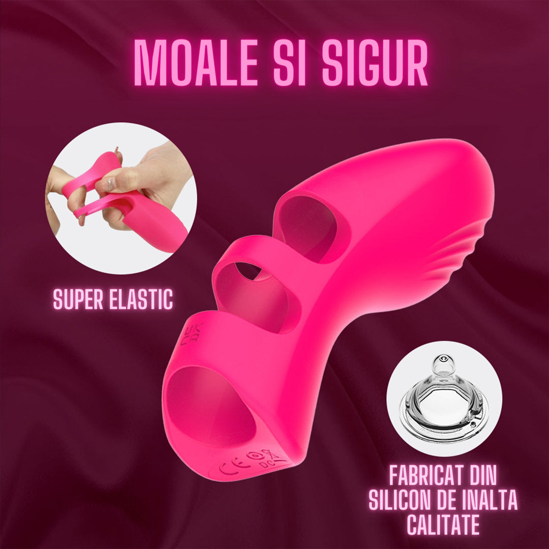 Vibrator LovePlay™ FingerVibe atasabil, cu 10 tipuri de vibratie diferite, rezistent la apa, silentios, incarcare prin USB, stimulare punct G si C, de dimensiuni mici, usor de transportat, din silicon, roz, elastic, 10, 5 x 3, 7 cm - LovePlay
