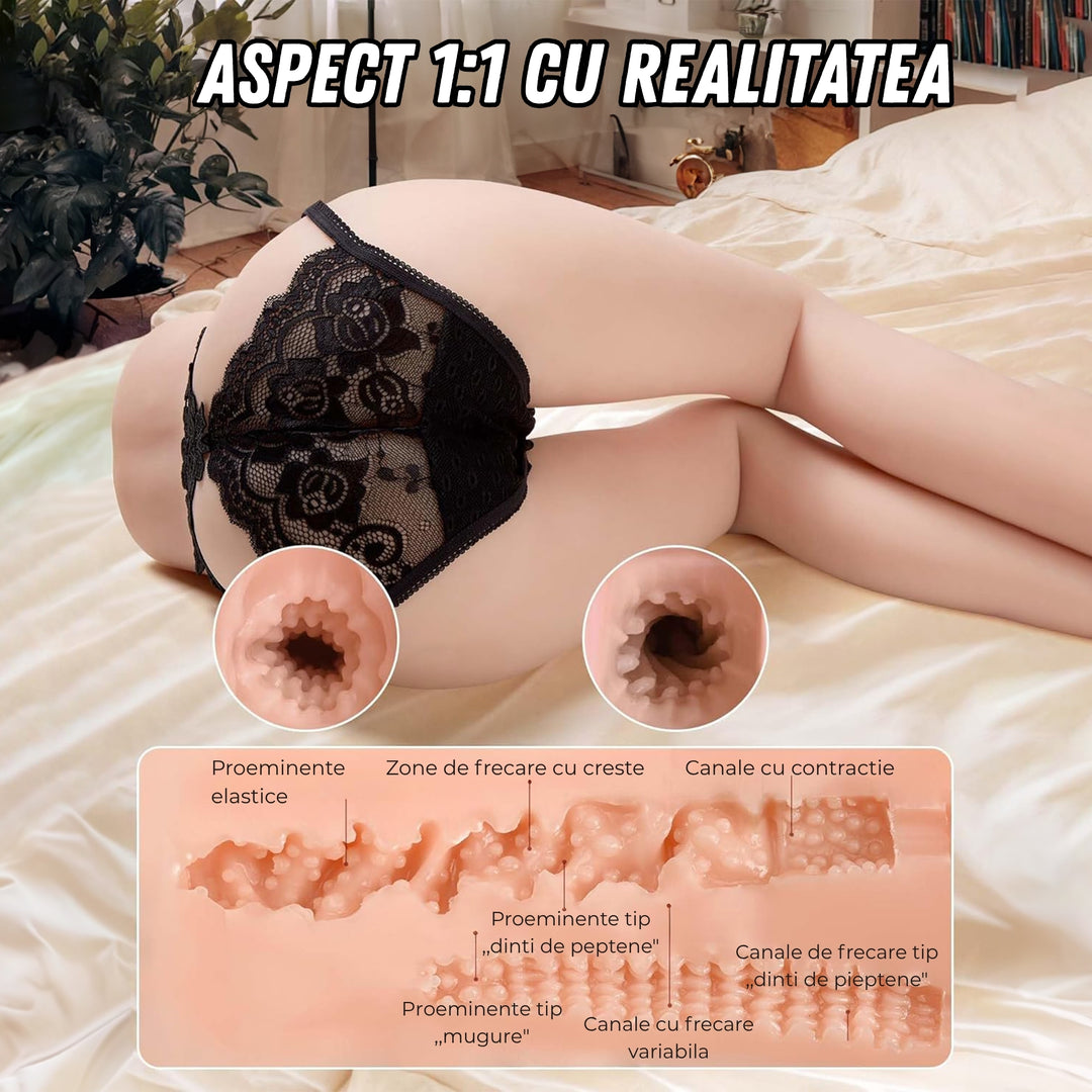 Masturbator LovePlay™ SexyLegs, cu doua canale de tip vaginal si anal, cu striatii 3D, rezistent la apa, model ultra-realist din silicon de inalta calitate, greutate 4 kg - LovePlay