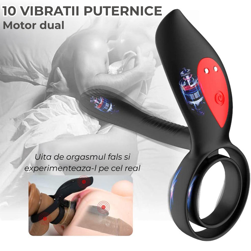 Inel pentru penis Obsessia® DuoPulse cu 10 moduri vibrație, stimulare dublă, telecomandă, negru