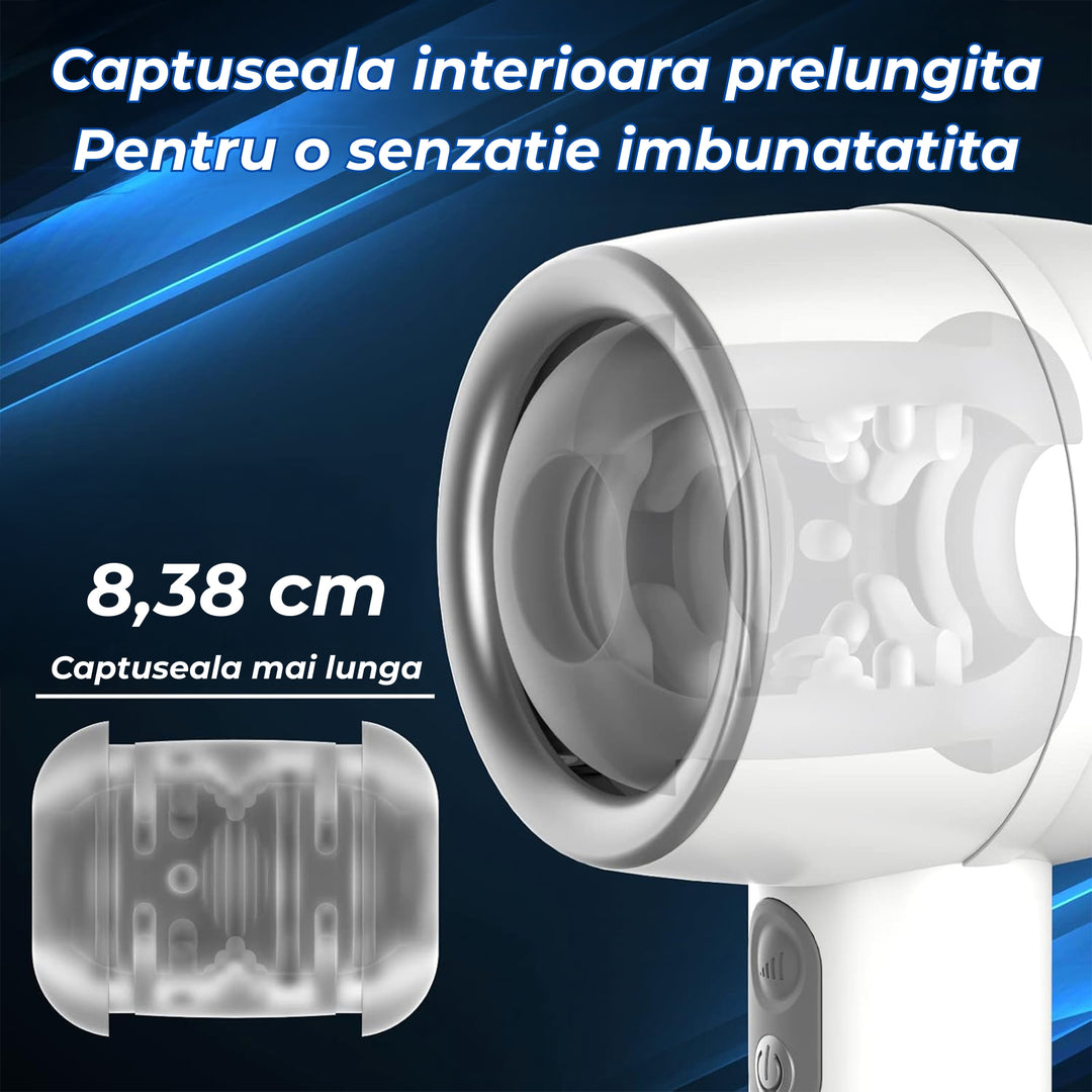 Masturbator automat Obsessia® ThunderPulse, cu miscare telescopica si control sensibil la presiune, 3 trepte de viteza, captuseala din silicon moale, incarcare magnetica, usor de curatat, alb, jucarii sexuale premium