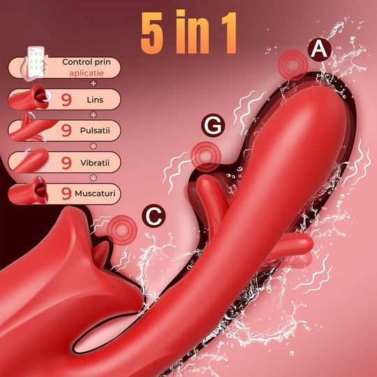 Vibrator inteligent LovePlay™ LickMe, cu limba flexibila si dildo, 9 moduri de lins, vibratie si pulsatie, control prin aplicatie, silicon lichid, rezistent la apa, pentru stimulare clitoridiana, anala si a sfarcurilor - LovePlay