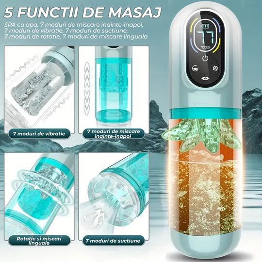 Masturbator automat Obsessia® AquaPulse, 6-in-1, cu 7 moduri de suctiune si de vibratie, 7 moduri de rotatie & miscare inainte-inapoi, tip limba, functie SPA cu apa calda/rece, motor dual puternic, USB, ham utilizare hands-free, jucarii sexuale premium