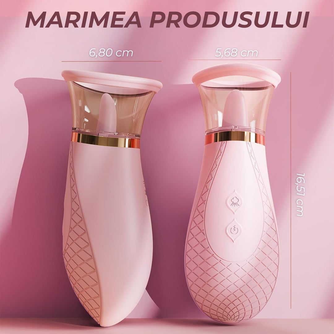 Vibrator Obsessia® VelvetKiss, cu 9 moduri de vibratie & 3 moduri de suctiune, dubla stimulare tip limba + aer-pulse, din silicon moale, reincarcabil USB, jucarii sexuale pentru femei, rezistent la apa IPX6, roz