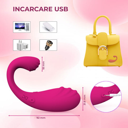 Vibrator 2in1 LovePlay™ Delfy, cu 9 tipuri diferite de vibratie, cu striatii, pentru stimulare vaginala si clitoridiana, rezistent la apa, control de la distanta prin aplicatie, incarcare USB, 9.2 x 1.8 cm - LovePlay