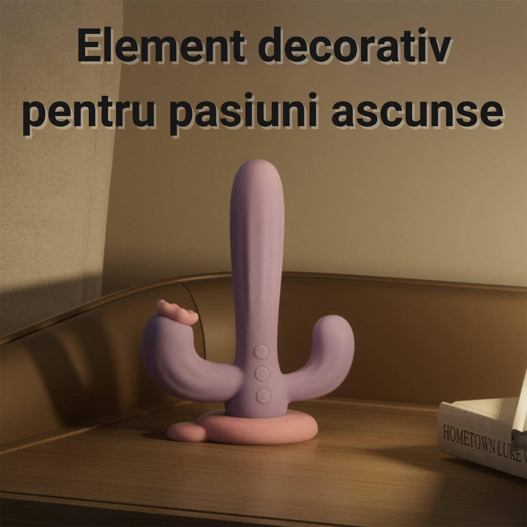 Vibrator LovePlay™ Cactus cu 10 tipuri diferite de vibratie si suctie, stimulare tripla, punctul G, punctul C si anal, din silicon, mov, rezistent la apa, incarcare magnetica, design discret, usor de folosit - LovePlay