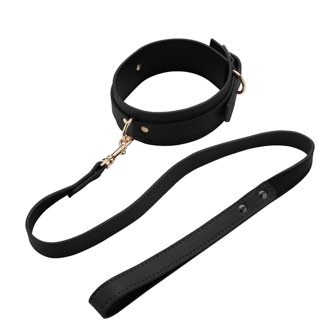 Set Complet de Accesorii BDSM, format din masca, lesa, zgarda din piele ecologica, catuse de maini si picioare, din piele ecologica, culoare negru - LovePlay