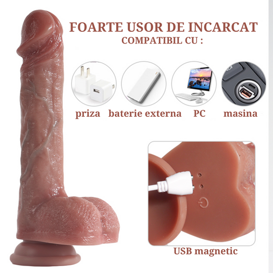 Dildo Ultra-Realistic Loveplay™ ClassicHim, cu vene proeminente, din silicon, cu 10 frecvente diferite de vibratie, 7 frecvente diferite de penetrare, cu functie de incalzire si rotatie, rezistent la apa, 15 cm x 12.5 cm - LovePlay