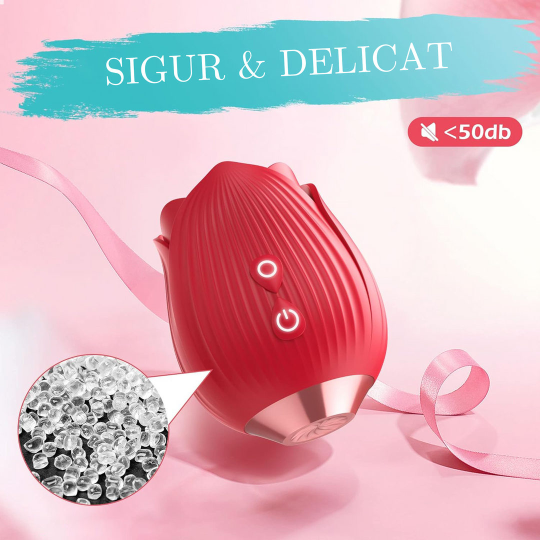 Vibrator LovePlay™ RedRose, cu 10 moduri de vibratie diferite, functie de suctiune, pentru stimularea sanilor si a clitorisului, design discret, rezistent la apa, rosu, reincarcabil prin cablu usb - LovePlay