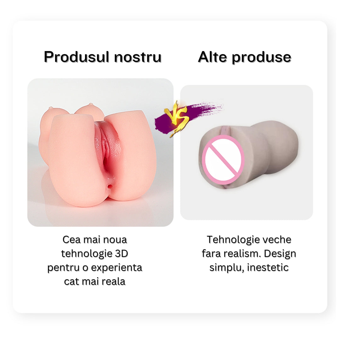 Masturbator Loveplay™ Mini SexDoll, din silicon non-toxic, design realist, textura 3D, cu canal vaginal si anal, usor de curatat, rezistent la apa, discret - LovePlay