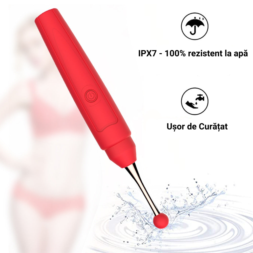 Vibrator LovePlay™ RedPen cu 10 moduri diferite de vibratie, sub forma de pix, cu 3 capuri diferite, diferite moduri de stimulare, rezistent la apa, incarcare USB, design discret, usor de curatat si transportat, 17.6 x 2.6cm, din silicon, rosu - LovePlay