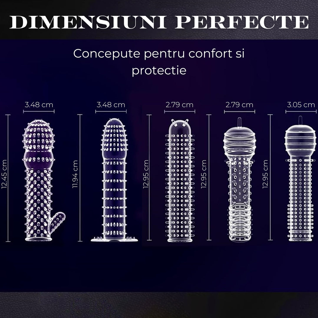 Set de 5 prezervative LovePlay™ BestTime, transparent, cu striatii, din silicon premium, cu efect de extensie, stimulare clitoridiana, usor de transportat si utilizat - LovePlay