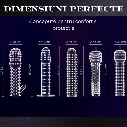 Set de 5 prezervative LovePlay™ BestTime, transparent, cu striatii, din silicon premium, cu efect de extensie, stimulare clitoridiana, usor de transportat si utilizat - LovePlay