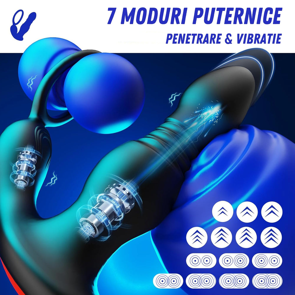 Vibrator Anal 3-in-1 LovePlay™ ThrustMaster, 7 Moduri de Vibratie, cu Miscare de Piston, Inel pentru Penis, Control prin Aplicatie si Telecomanda, Rezistent la Apa, Silicon Premium - LovePlay