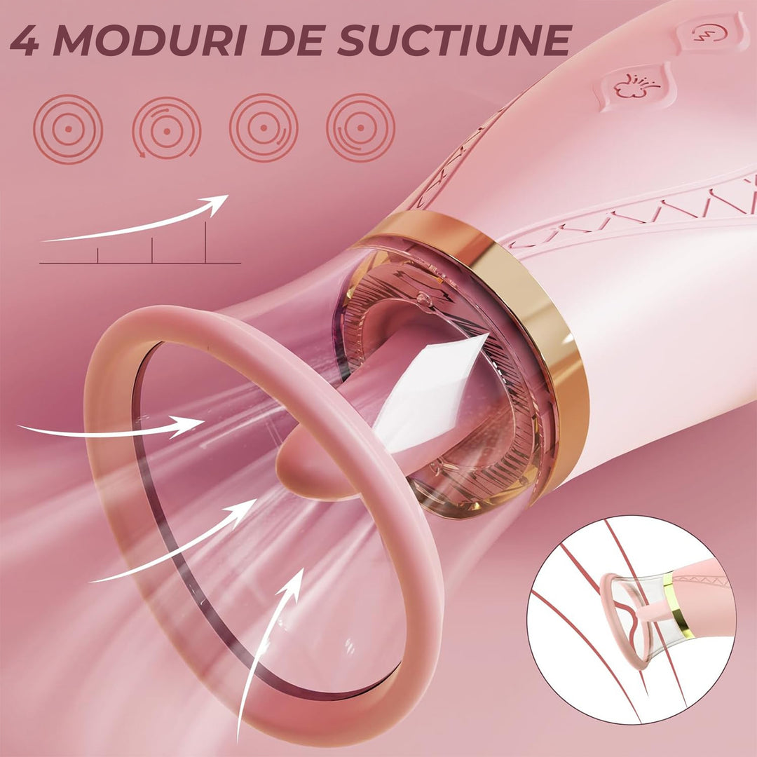 Vibrator Obsessia® VelvetKiss, cu 9 moduri de vibratie & 3 moduri de suctiune, dubla stimulare tip limba + aer-pulse, din silicon moale, reincarcabil USB, jucarii sexuale pentru femei, rezistent la apa IPX6, roz