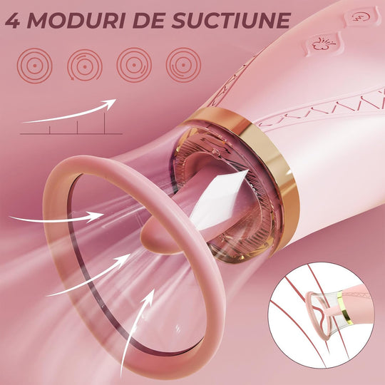 Vibrator Obsessia® VelvetKiss, cu 9 moduri de vibratie & 3 moduri de suctiune, dubla stimulare tip limba + aer-pulse, din silicon moale, reincarcabil USB, jucarii sexuale pentru femei, rezistent la apa IPX6, roz
