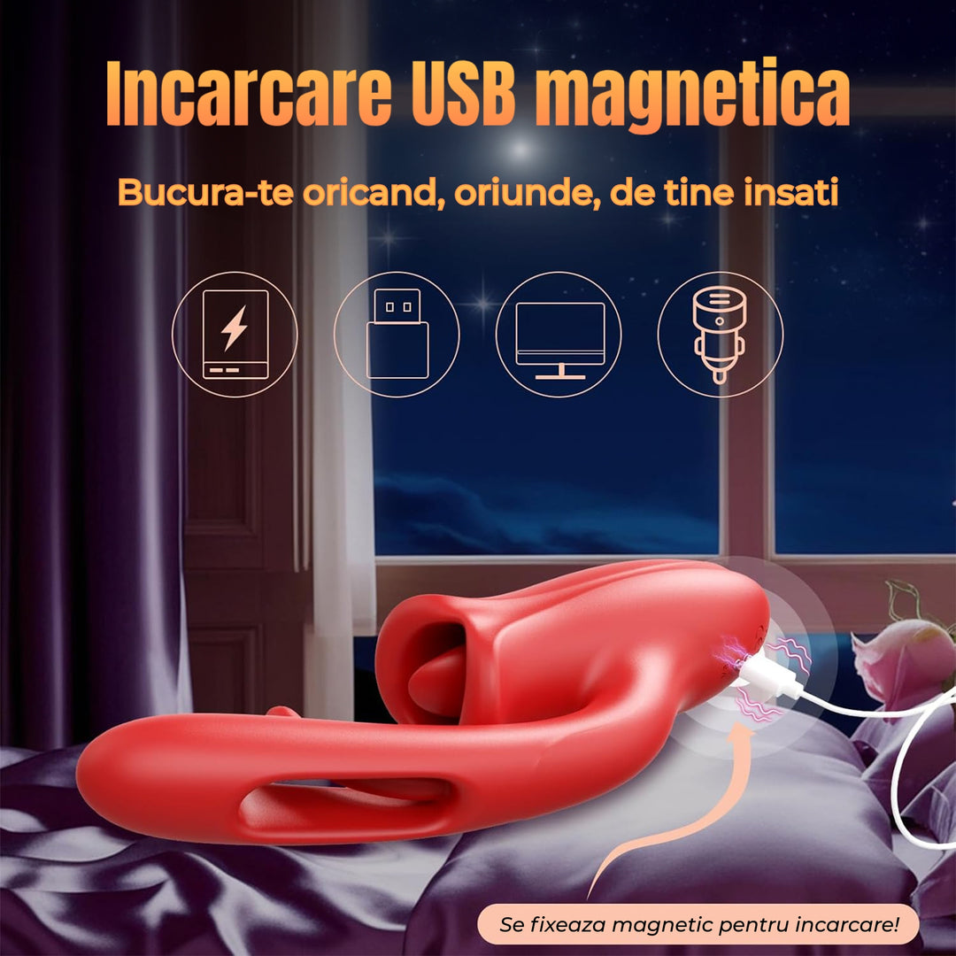 Vibrator inteligent LovePlay™ LickMe, cu limba flexibila si dildo, 9 moduri de lins, vibratie si pulsatie, control prin aplicatie, silicon lichid, rezistent la apa, pentru stimulare clitoridiana, anala si a sfarcurilor - LovePlay