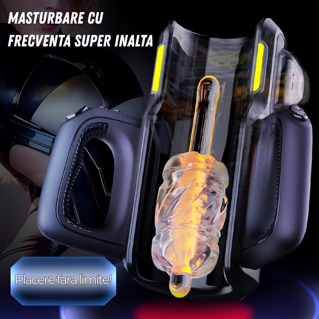 Masturbator Automat LovePlay™ ThrustPro, cu 700 miscari/minut, 10 moduri de suctiune si incalzire 360°, cu sunete interactive, manere si mansoane duble, incarcare USB - LovePlay