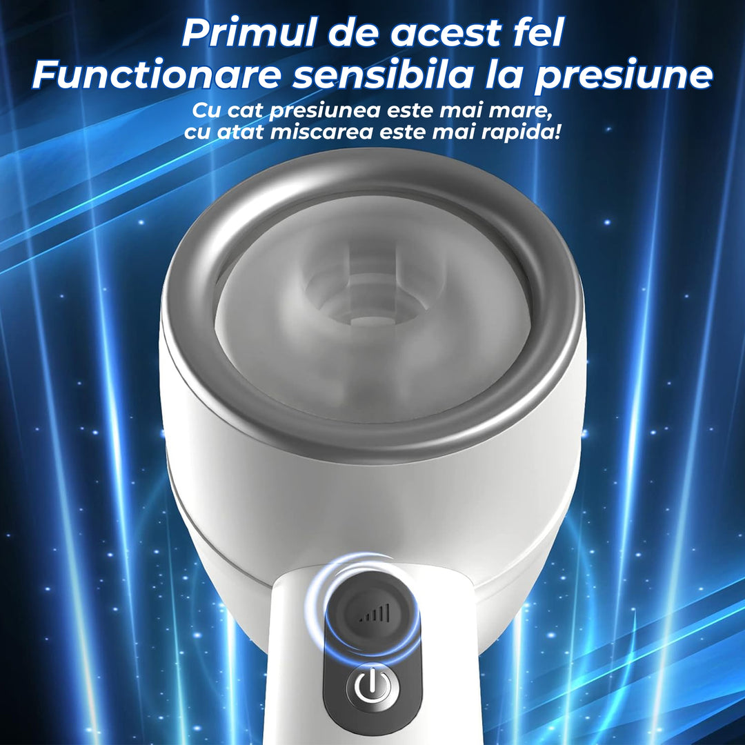 Masturbator automat Obsessia® ThunderPulse, cu miscare telescopica si control sensibil la presiune, 3 trepte de viteza, captuseala din silicon moale, incarcare magnetica, usor de curatat, alb, jucarii sexuale premium