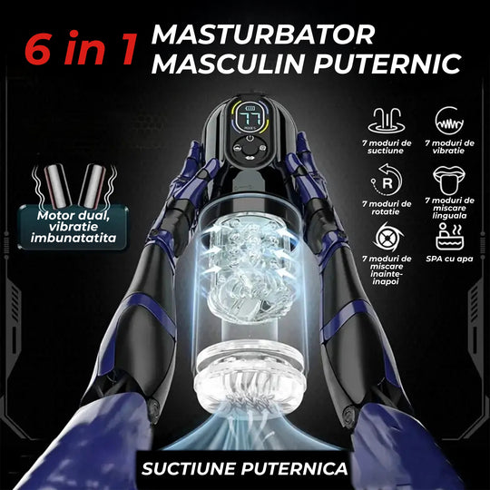 Masturbator automat Obsessia® AquaPulse, 6-in-1, cu 7 moduri de suctiune si de vibratie, 7 moduri de rotatie & miscare inainte-inapoi, tip limba, functie SPA cu apa calda/rece, motor dual puternic, USB, ham utilizare hands-free, jucarii sexuale premium