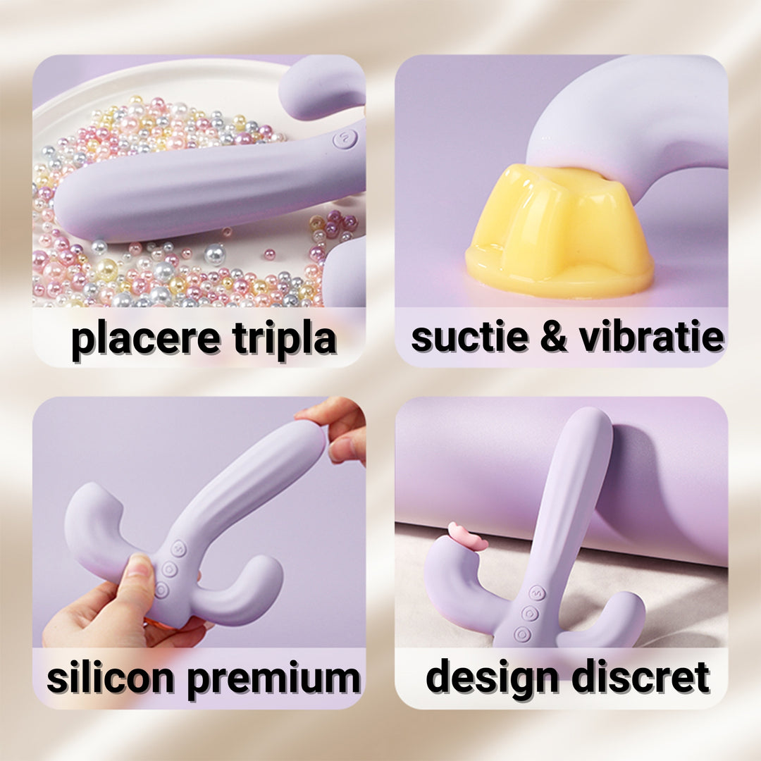 Vibrator LovePlay™ Cactus cu 10 tipuri diferite de vibratie si suctie, stimulare tripla, punctul G, punctul C si anal, din silicon, mov, rezistent la apa, incarcare magnetica, design discret, usor de folosit - LovePlay