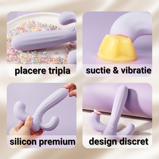 Vibrator LovePlay™ Cactus cu 10 tipuri diferite de vibratie si suctie, stimulare tripla, punctul G, punctul C si anal, din silicon, mov, rezistent la apa, incarcare magnetica, design discret, usor de folosit - LovePlay