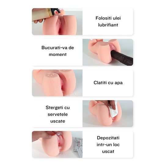 Masturbator Loveplay™ Mini SexDoll, din silicon non-toxic, design realist, textura 3D, cu canal vaginal si anal, usor de curatat, rezistent la apa, discret - LovePlay