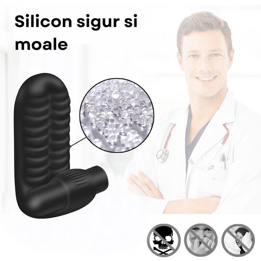 Vibrator LovePlay™ TwoFingers, 10 moduri diferite de vibratie, cu striatii, stimulare clitoris si punct G, silentios, reincarcabil, rezistent la apa, atasabil, usor de curatat si transportat, design discret, din silicon, negru - LovePlay