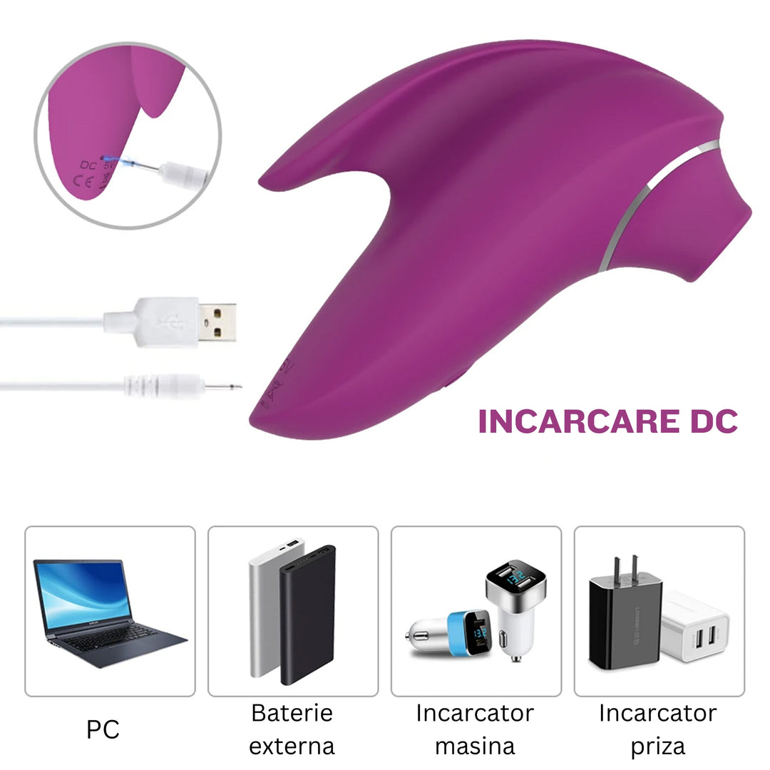 Vibrator 2 in 1 din silicon LovePlay™ Dual Pleasure, pentru femei, rezistent la apa, discret si usor de curatat, pentru stimularea clitoridiana si a sanilor, cu functie de suctiune, mov - LovePlay