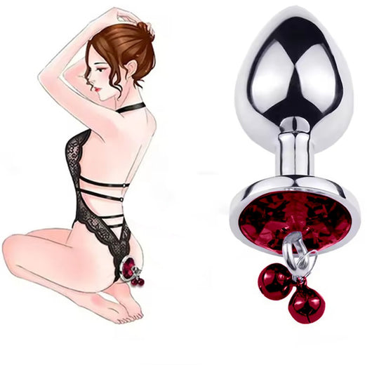 Dop anal Obsessia GoodGirl, cu clopoței și bijuterie roșie, oțel inoxidabil, M, 8.2 x 3.3 cm, argintiu