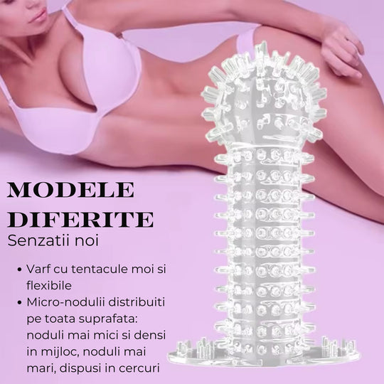 Set de 5 prezervative LovePlay™ BestTime, transparent, cu striatii, din silicon premium, cu efect de extensie, stimulare clitoridiana, usor de transportat si utilizat - LovePlay