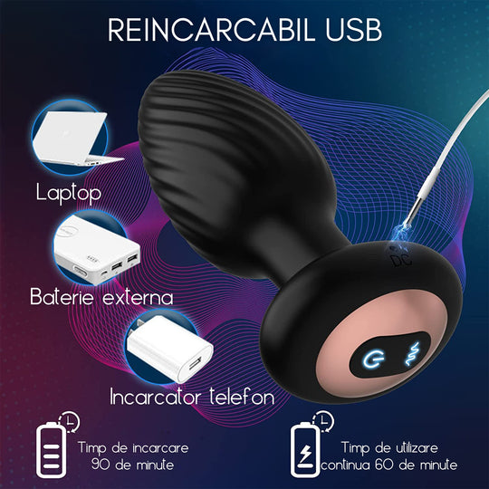 Dop Anal LovePlay™ TwistGasm, cu 7 moduri de rotatii, 7 moduri de vibratii, pentru stimulare anala si punct G, control prin aplicatie, telecomanda, rezistent la apa, din silicon, negru, diametru 35 mm - LovePlay