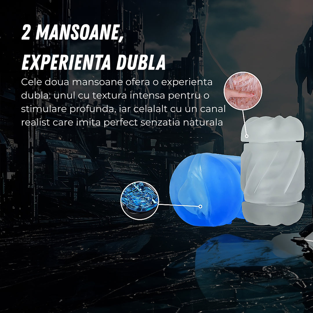 Masturbator Automat LovePlay™ ThrustPro, cu 700 miscari/minut, 10 moduri de suctiune si incalzire 360°, cu sunete interactive, manere si mansoane duble, incarcare USB - LovePlay
