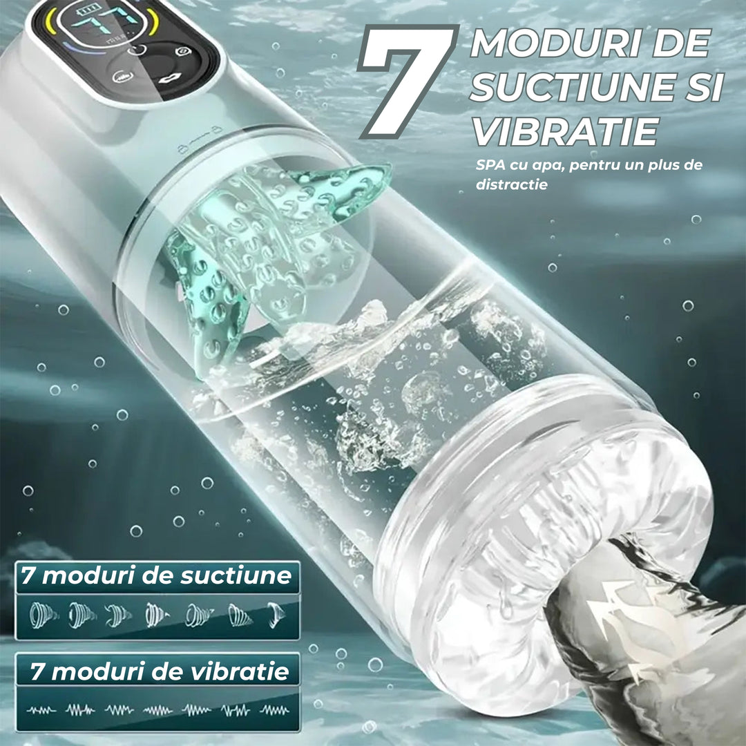 Masturbator automat Obsessia® AquaPulse, 6-in-1, cu 7 moduri de suctiune si de vibratie, 7 moduri de rotatie & miscare inainte-inapoi, tip limba, functie SPA cu apa calda/rece, motor dual puternic, USB, ham utilizare hands-free, jucarii sexuale premium