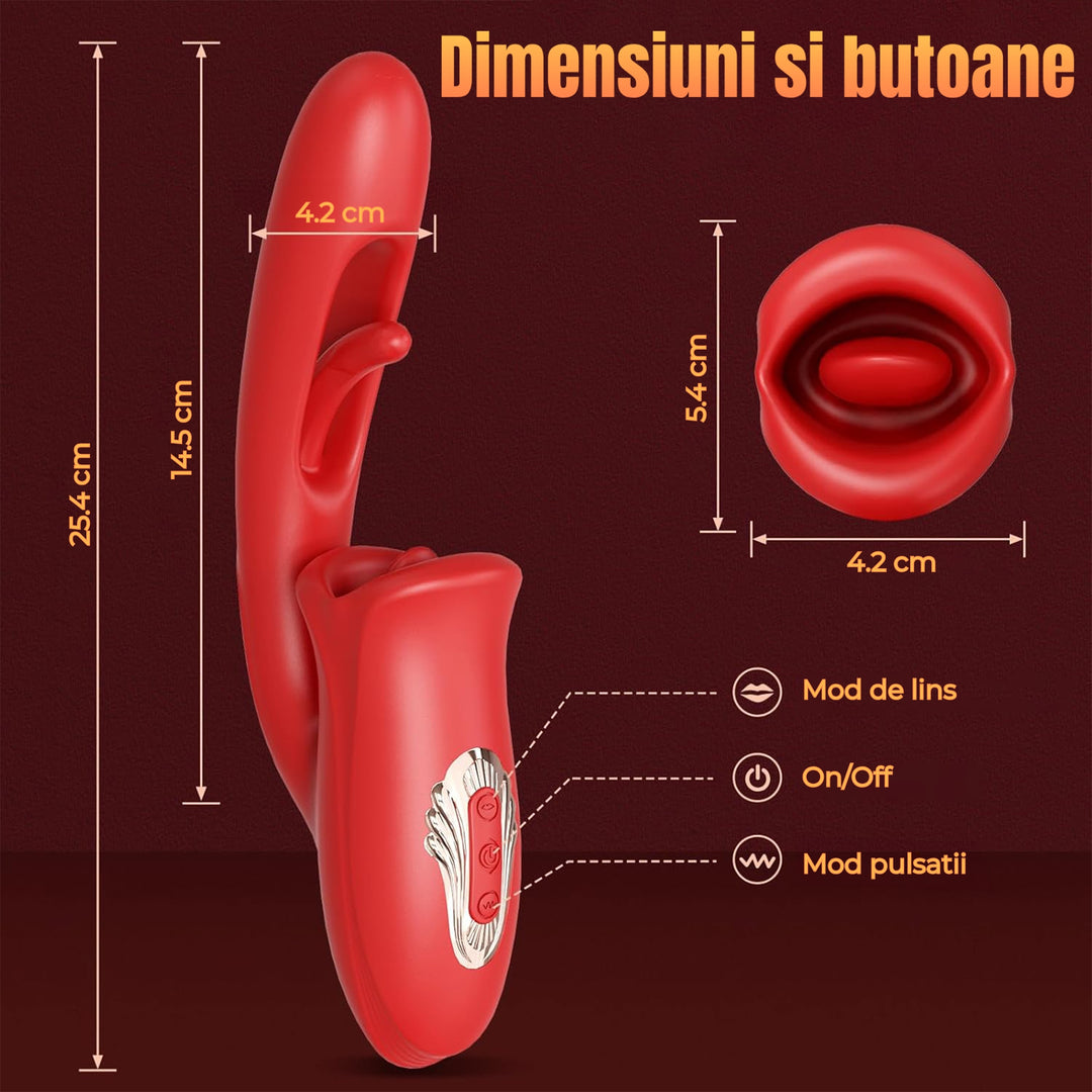 Vibrator inteligent LovePlay™ LickMe, cu limba flexibila si dildo, 9 moduri de lins, vibratie si pulsatie, control prin aplicatie, silicon lichid, rezistent la apa, pentru stimulare clitoridiana, anala si a sfarcurilor - LovePlay