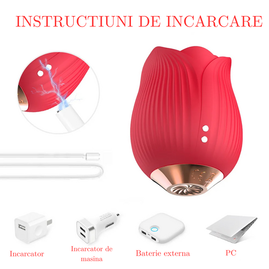 Vibrator LovePlay™ RedRose, cu 10 moduri de vibratie diferite, functie de suctiune, pentru stimularea sanilor si a clitorisului, design discret, rezistent la apa, rosu, reincarcabil prin cablu usb - LovePlay