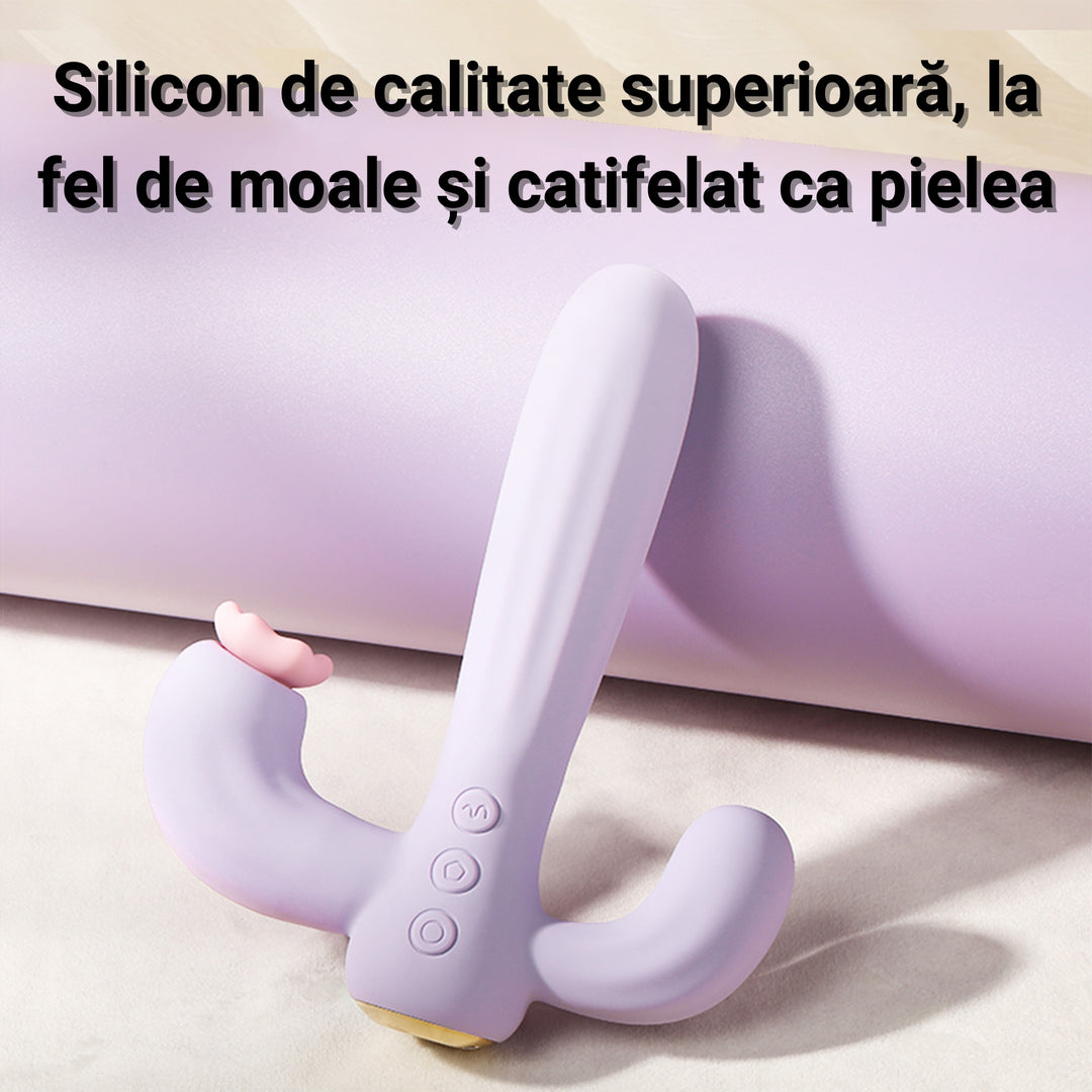 Vibrator LovePlay™ Cactus cu 10 tipuri diferite de vibratie si suctie, stimulare tripla, punctul G, punctul C si anal, din silicon, mov, rezistent la apa, incarcare magnetica, design discret, usor de folosit - LovePlay